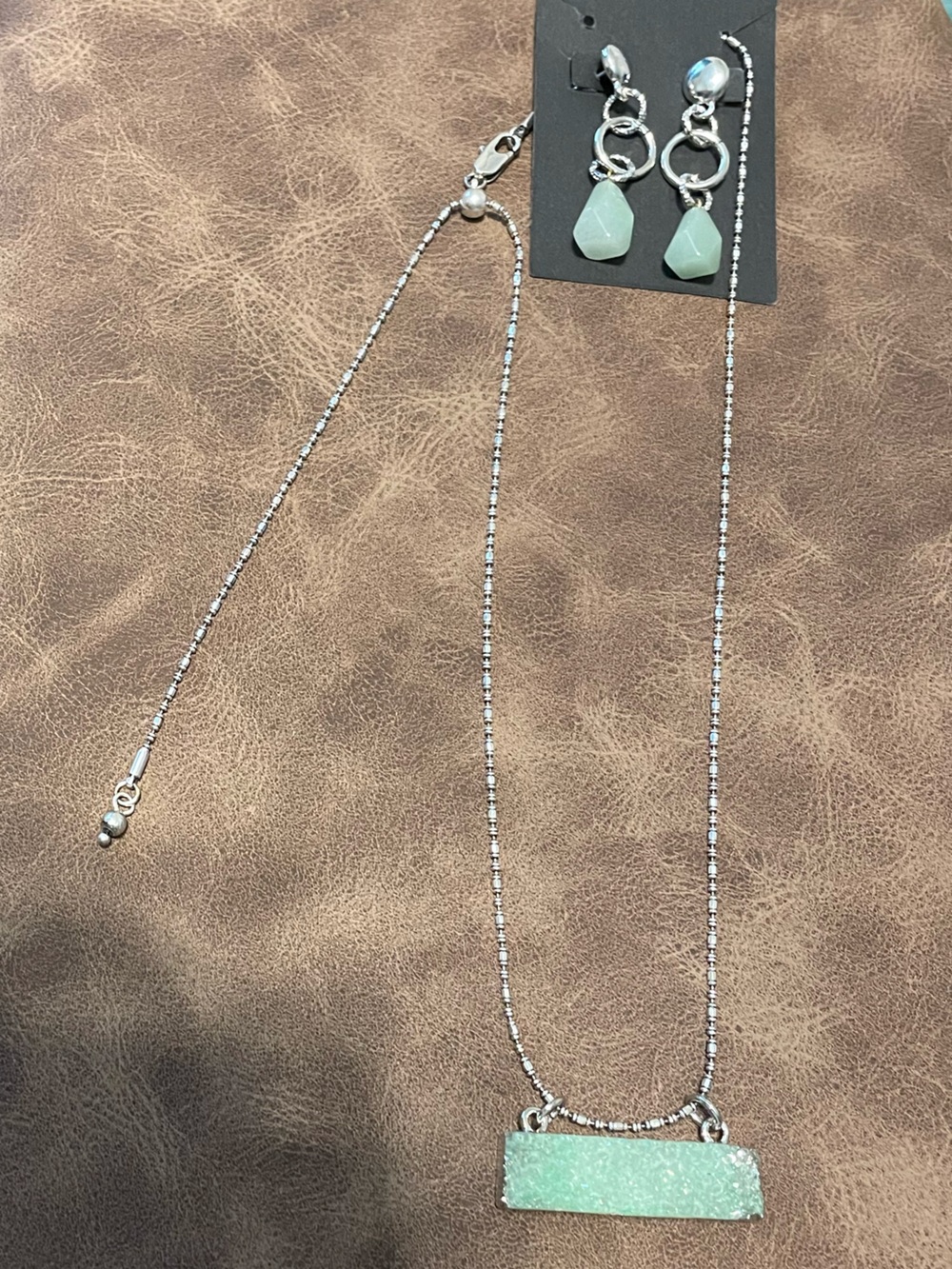 Silver Mint Green Druzy Bar Pendant & Necklace- Matching Chalcedony Earrings